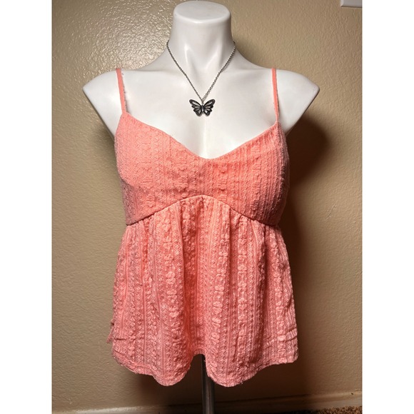 Derek Heart Tops - Derek Heart Lace Babydoll Camisole Top Coral Floral Textured Spaghetti Strap #7